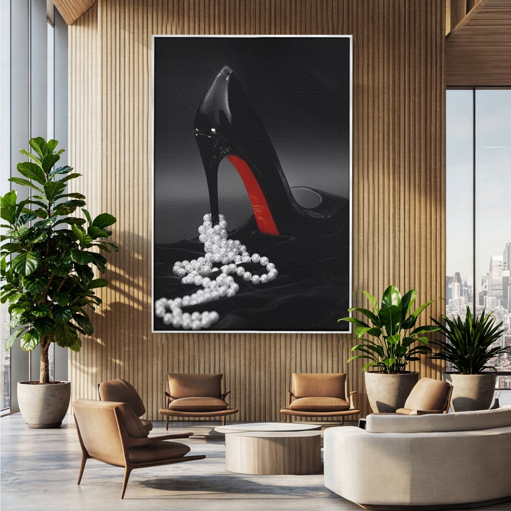 Tablou canvas cu tablou canvas cu pantof si perle, in rama de aluminiu argintiu, pe perete intr-un birou